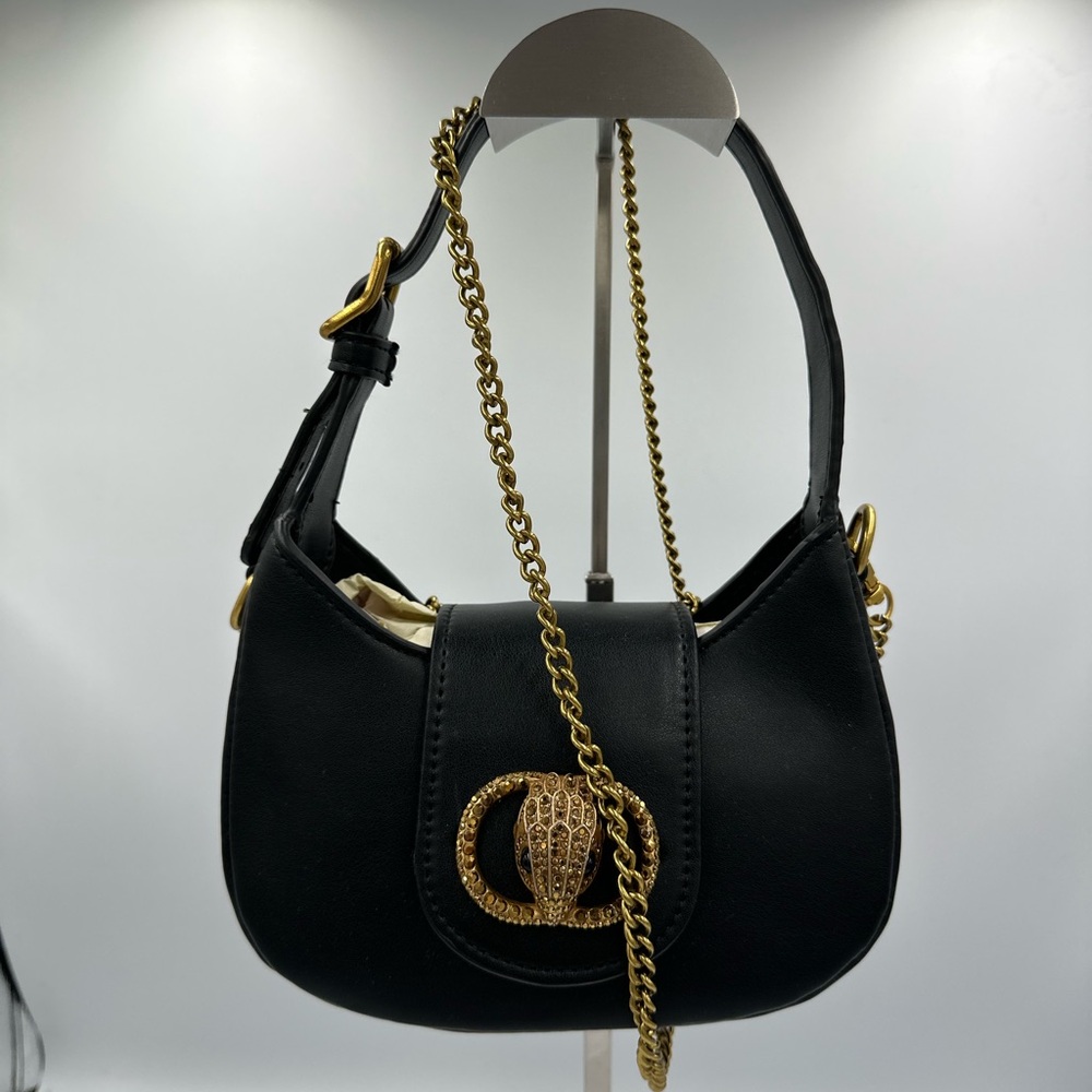 Black Leather Mini Shoulder Bag Chain Strap Crystal Beetle Clasp